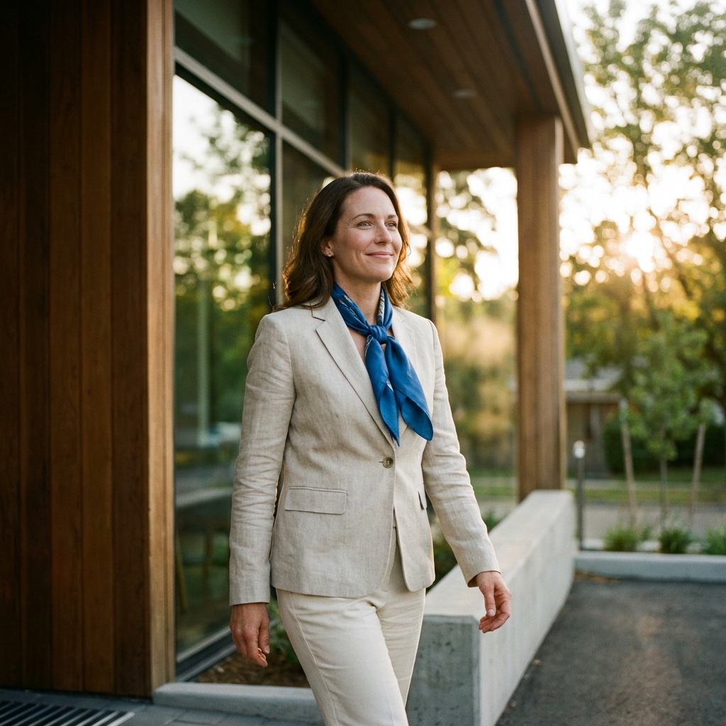 Mulher confiante saindo da clínica